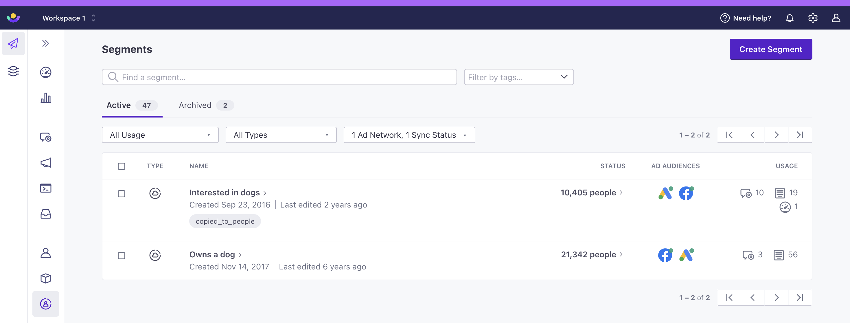 On the Segments page, the results are filtered to show two segments. There is a column Ad Audiences which shows that each segment is syncing to Google Ads and Facebook Ads.