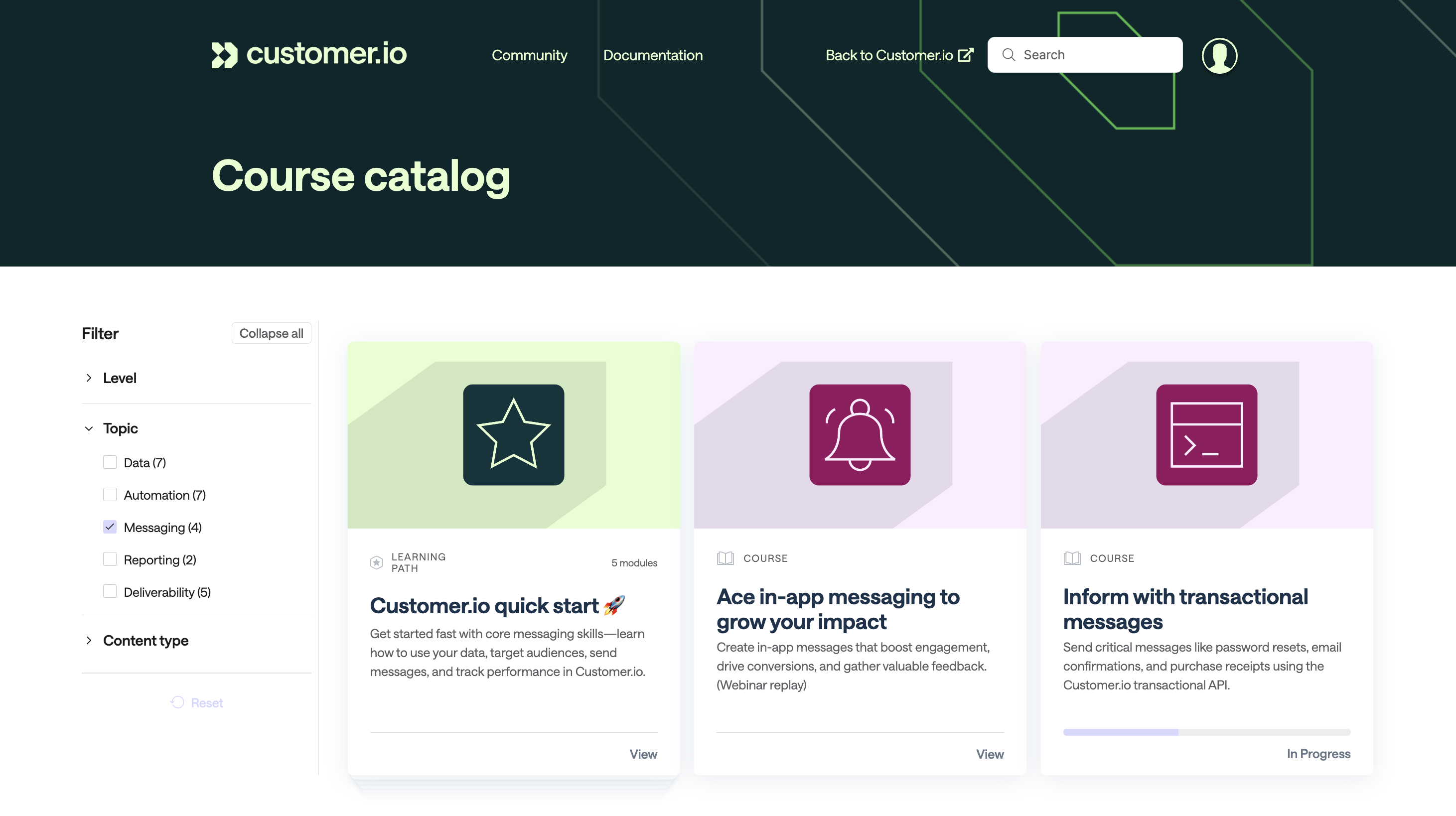 A screenshot of the course catalog filtered to messaging content. Three course names appear.