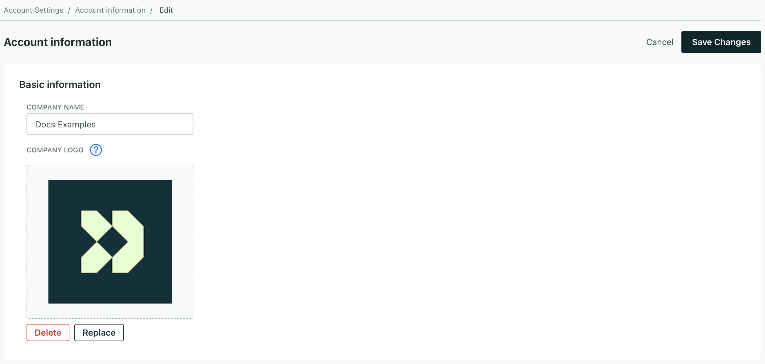 Within Edit Account Information, the top section is titled Basic information. Under the title is the Company Name on the account. Under that is the Company logo. The Customer.io logo is uploaded. There are two buttons underneath it: Delete and Replace.