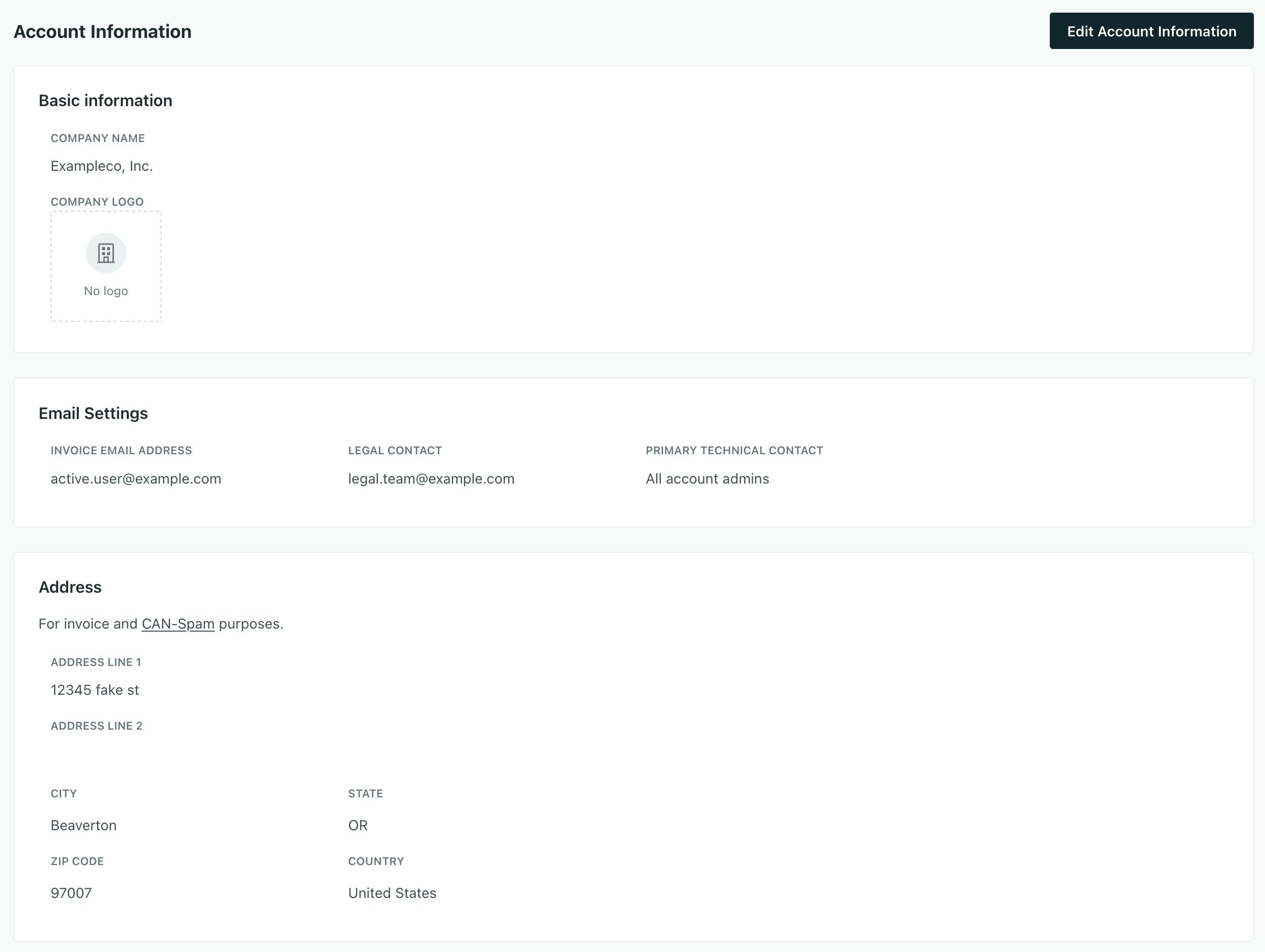 account information showing the invoice and legal contacts