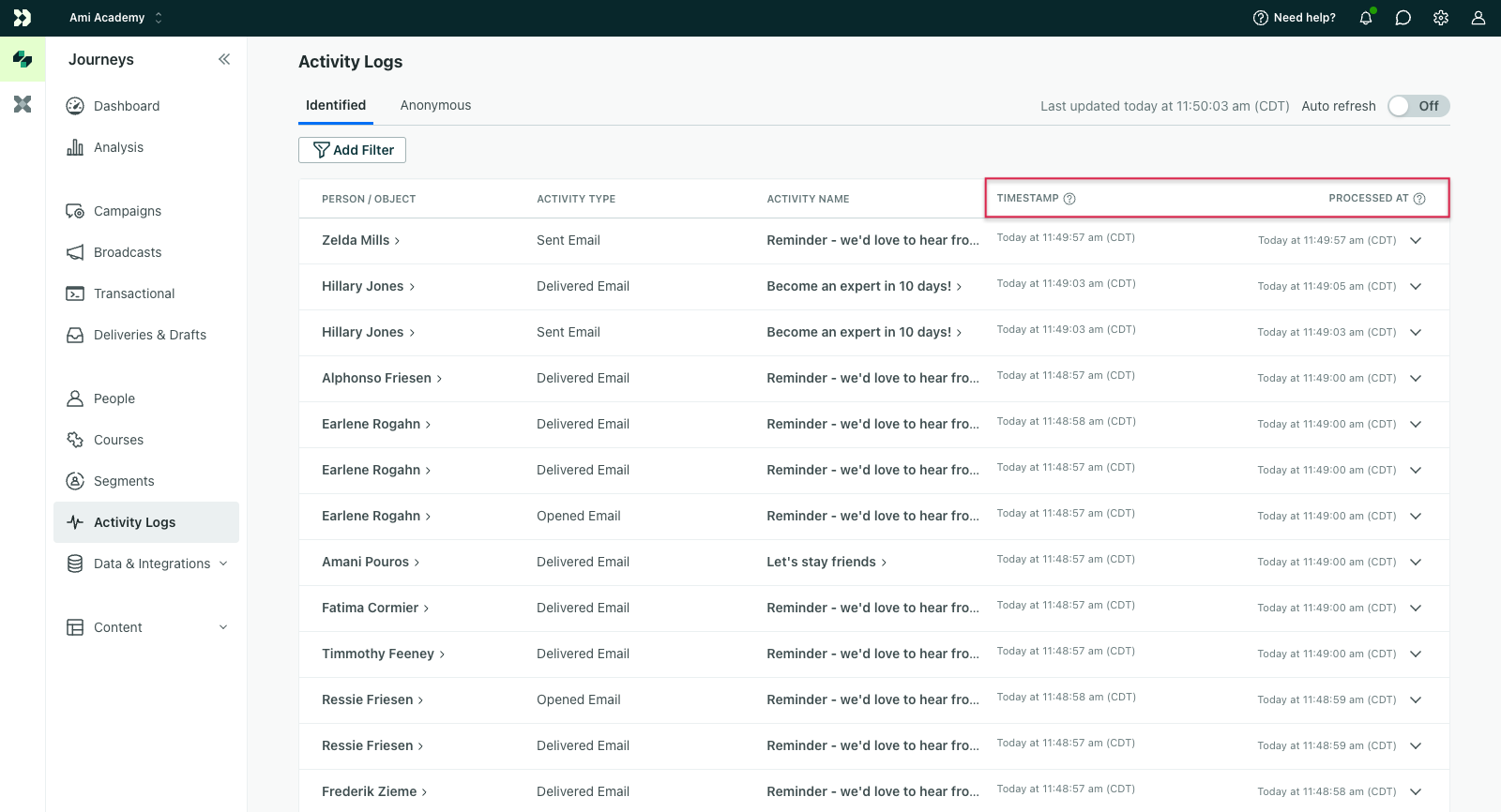 the activity log contains a timestamp and a processed at timestamp