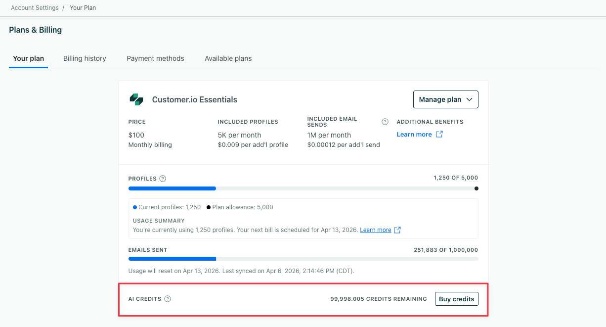 AI credits usage is under profile and email send counts in Account Settings