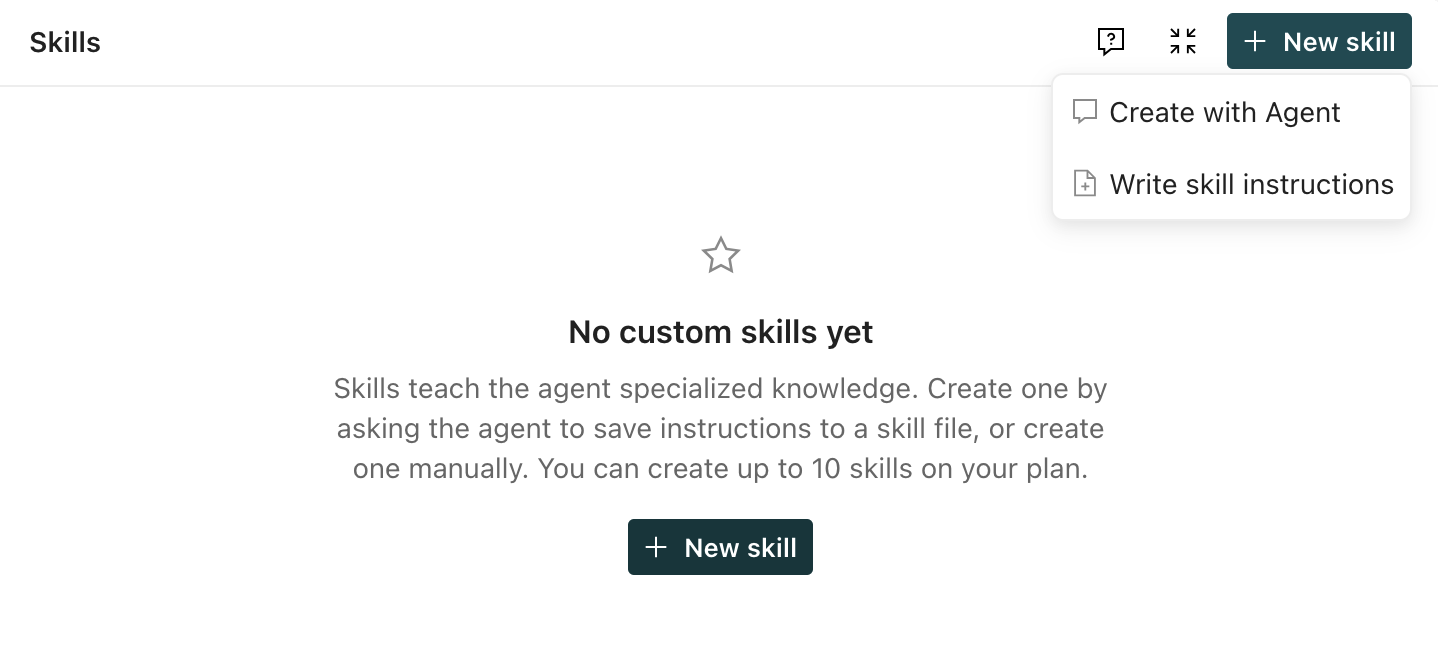 The New skill dropdown Create with Agent and Write skill instructions options.