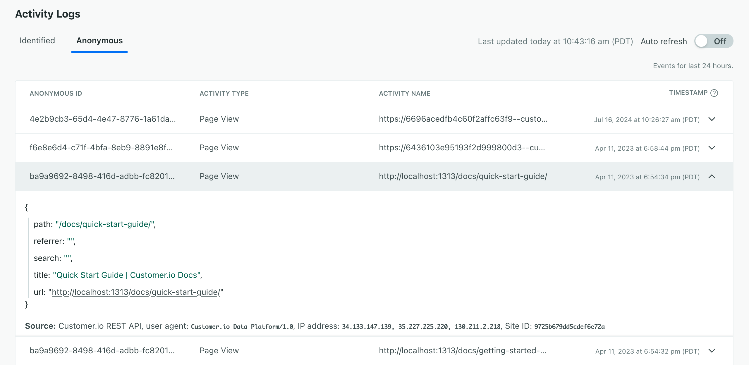 the activity log displays page view events for several anonymous users