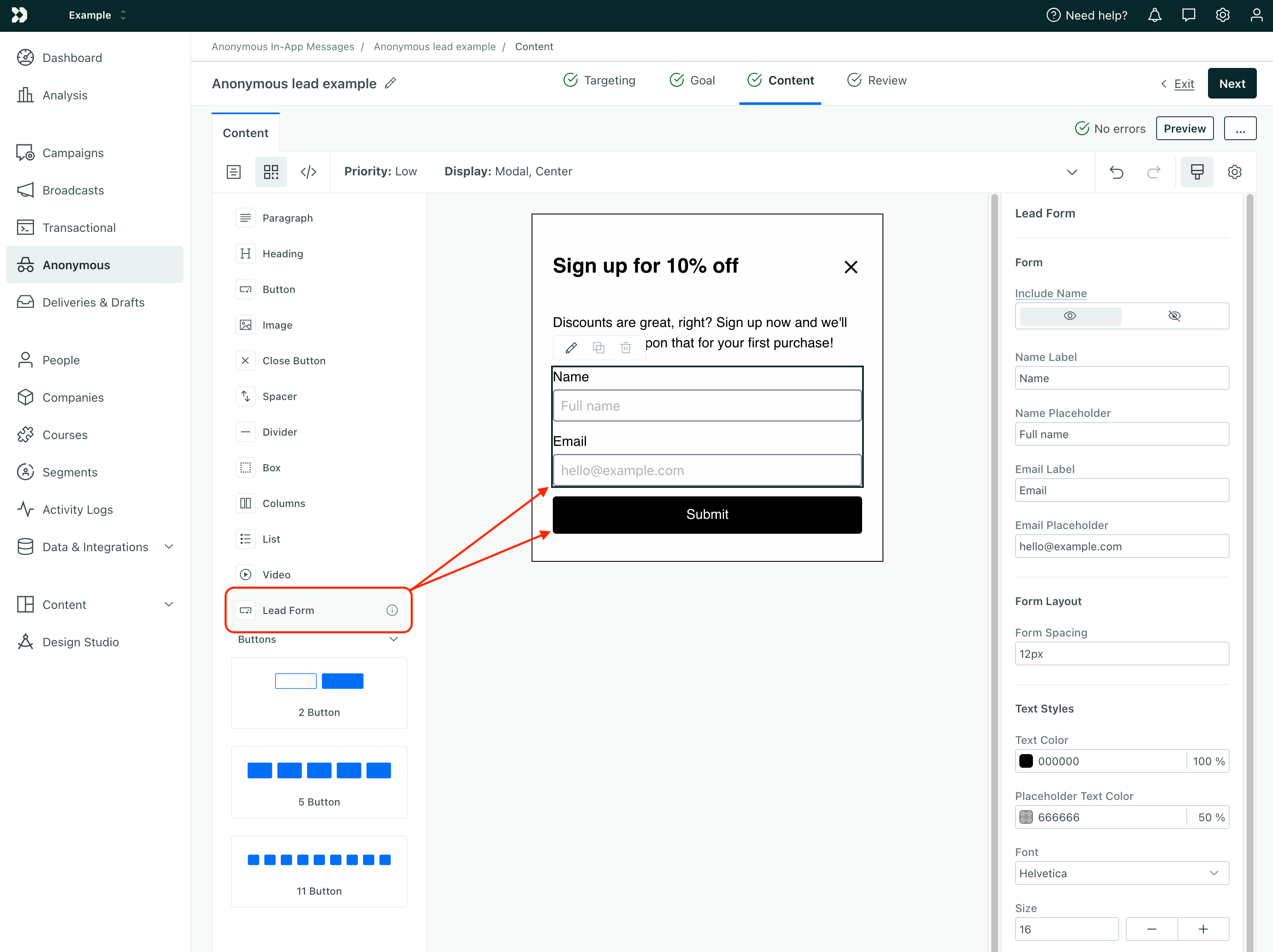 The setup step of an anonymous in-app message showing the form and button components