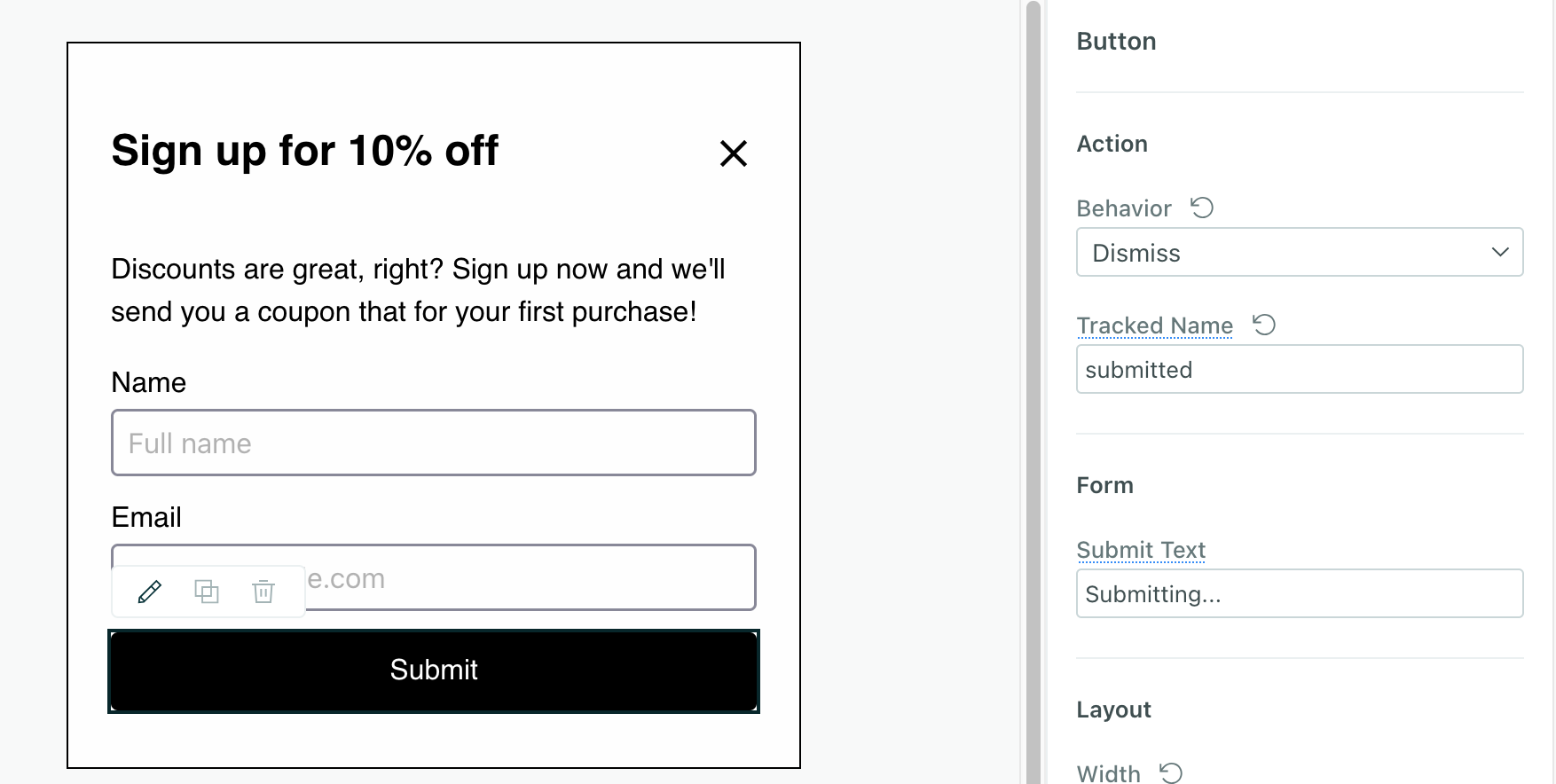 The submit button in an anonymous in-app message, with a tracked name set to 'submitted'