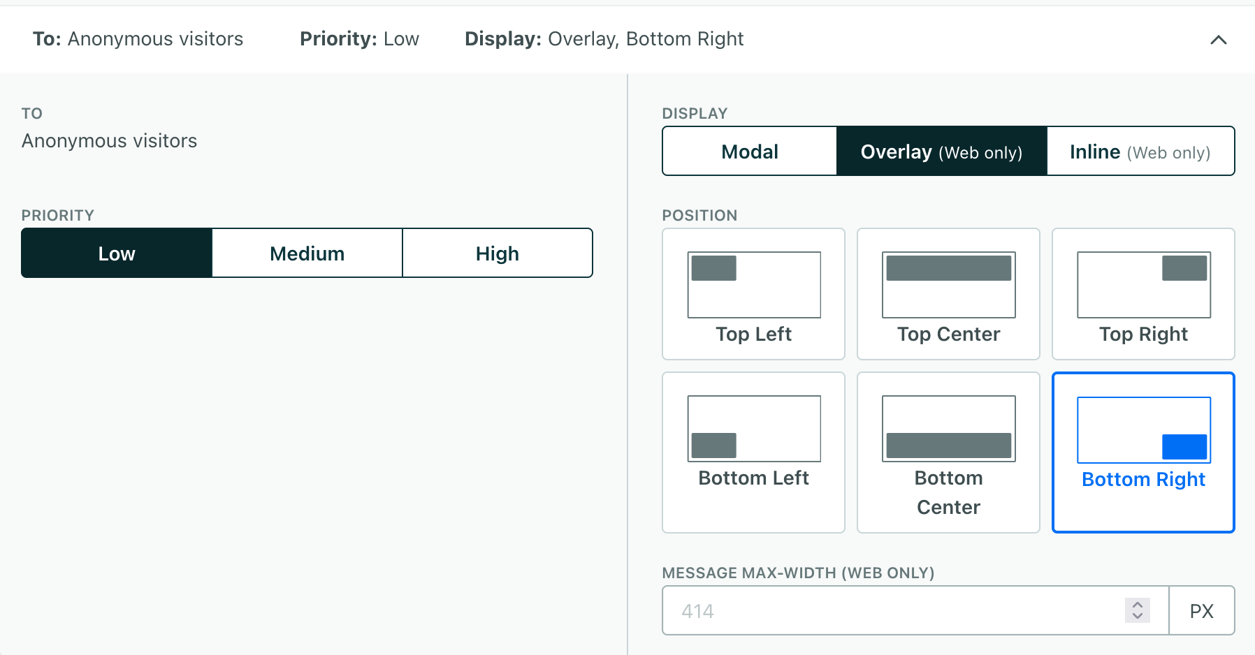 display settings for an anonymous in-app message showing an overlay style message set up to display in the bottom-right of the screen