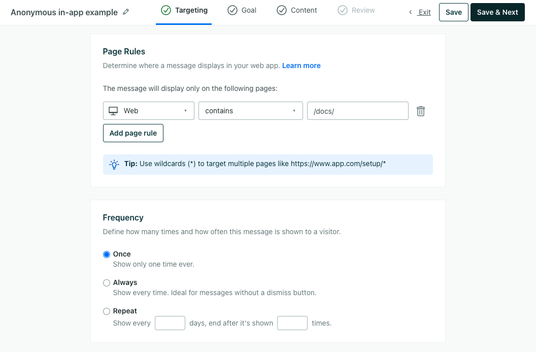 The targeting step of an anonymous in-app message showing page rules and frequency settings