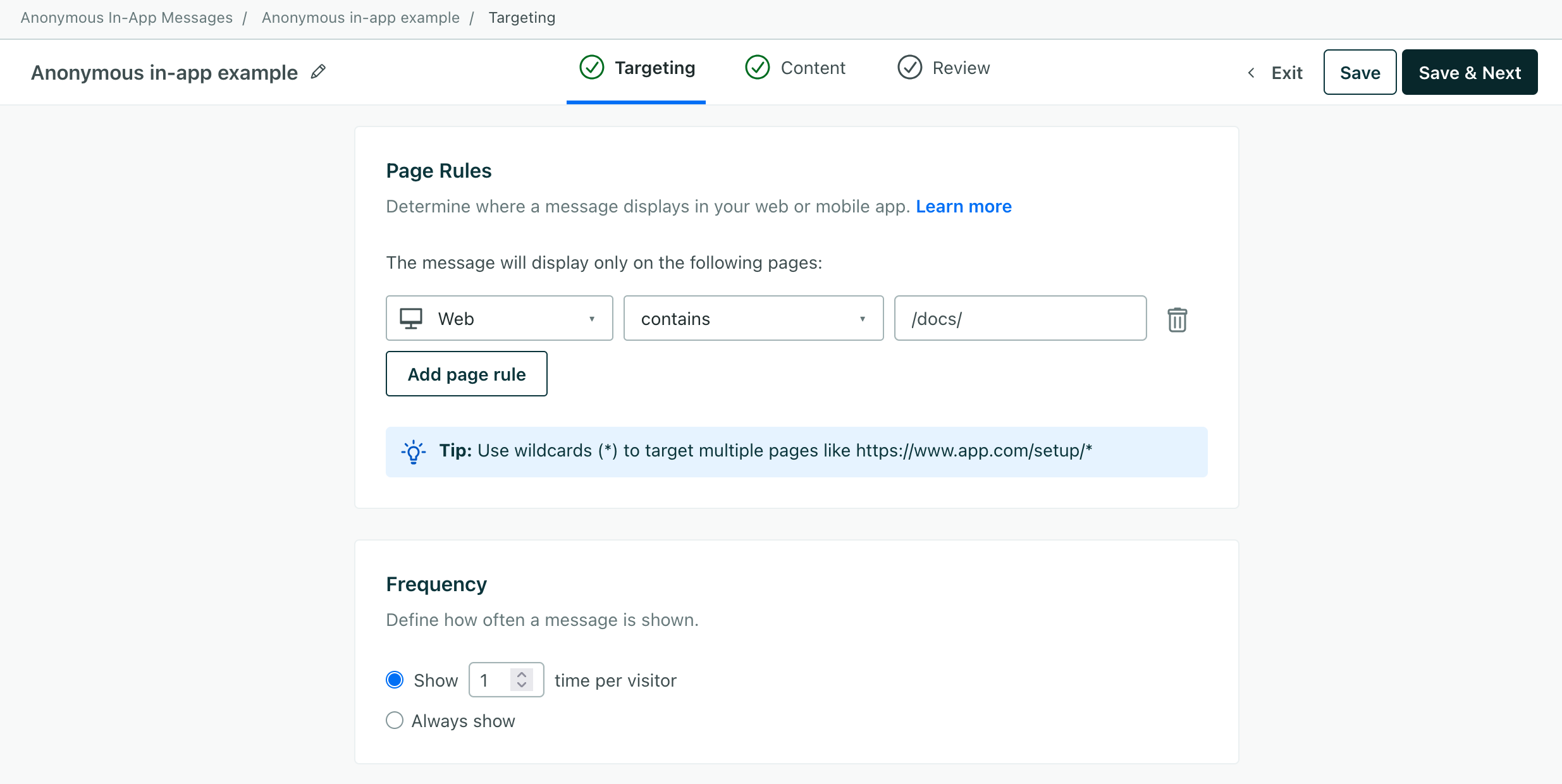 The targeting step of an anonymous in-app message showing page rules and frequency settings