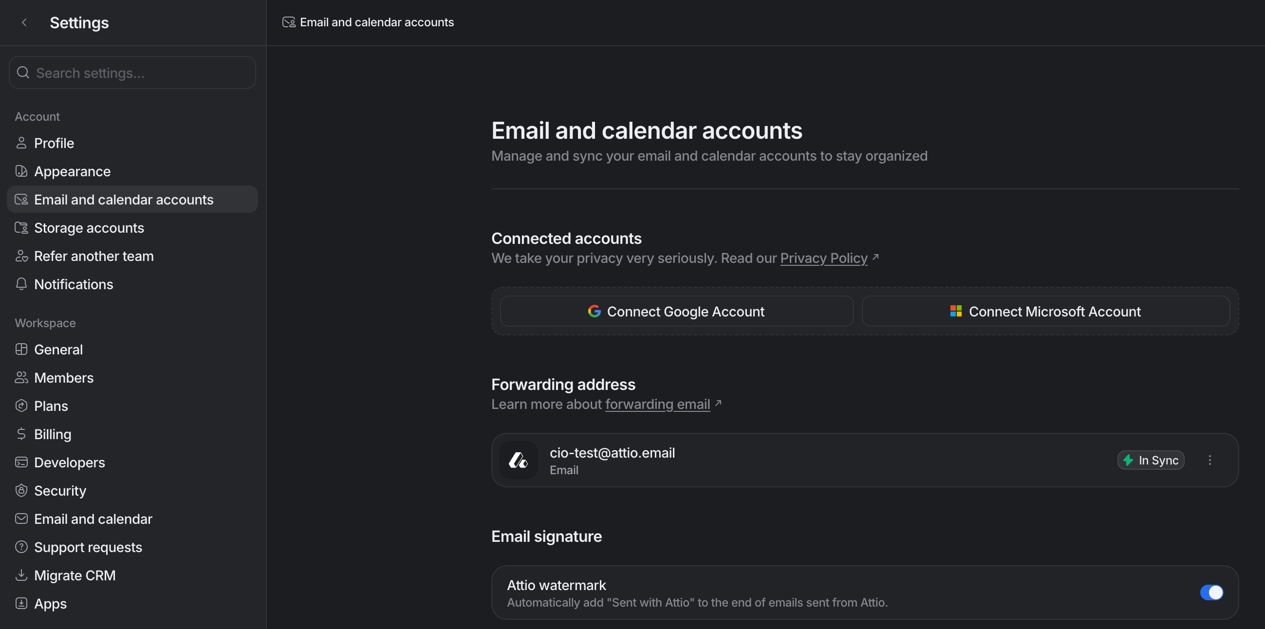 attio's user interface showing the forwarding address