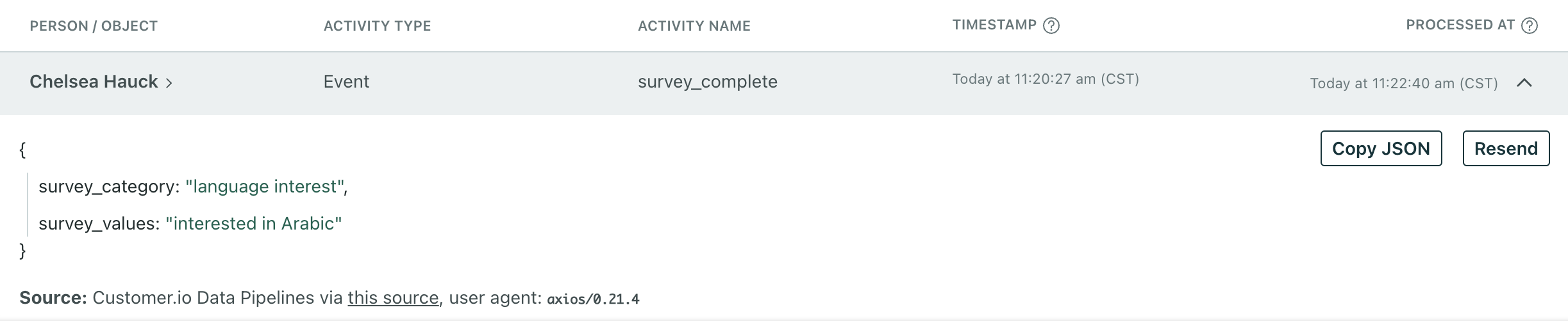 An example of an event titled survey_complete in the activity log. There is a field called timestamp and another called processed at.