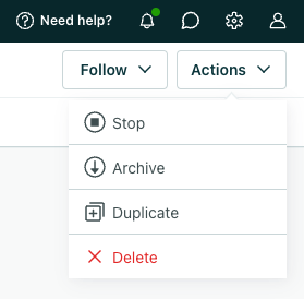 On a running campaign page, the campaign actions dropdown is open. It shows four options - Stop, Archive, Duplicate, and Delete.