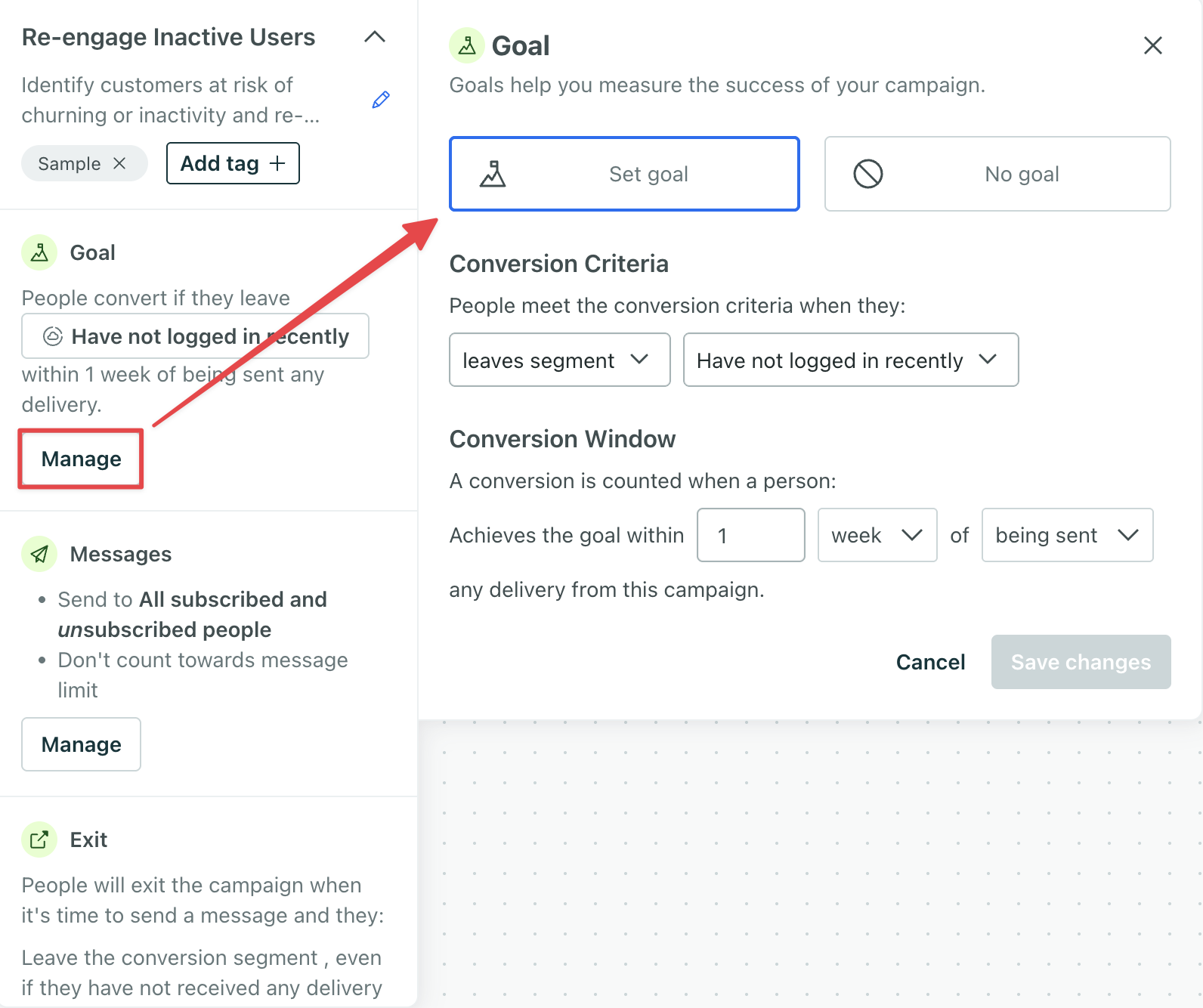 The campaign goal is set. The conversion criteria is people leave a segment. The conversion window is within 1 week of being sent any delivery from this campaign.