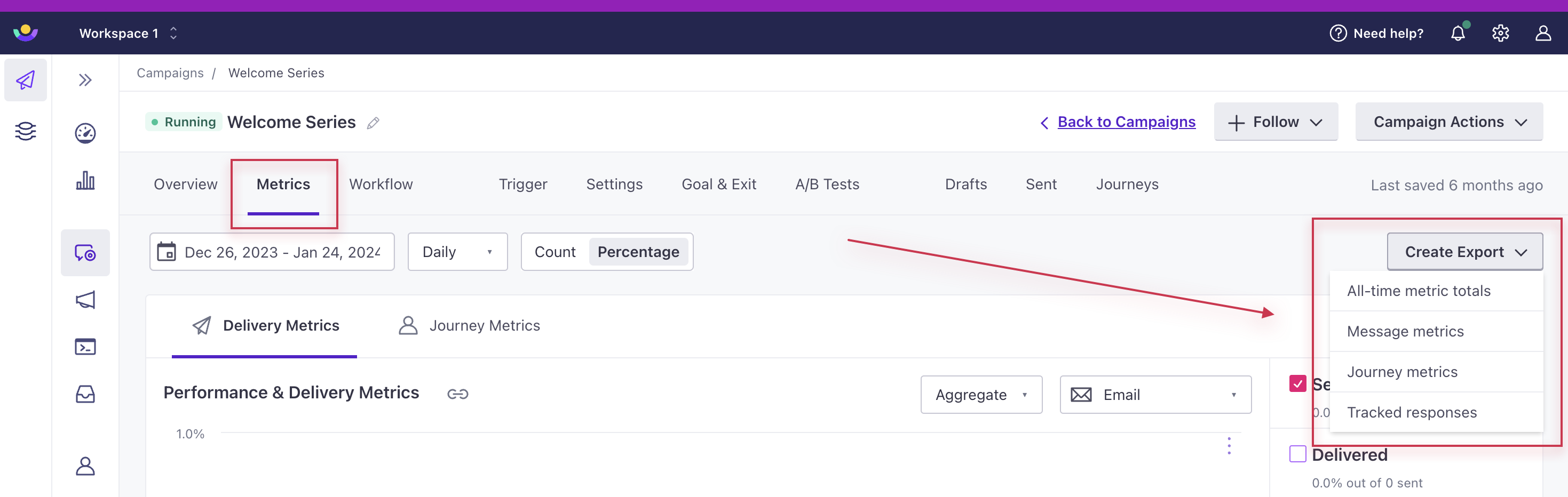 Within a Campaign, select Metrics beneath the campaign title. On the right hand side, there is a dropdown to export reports.