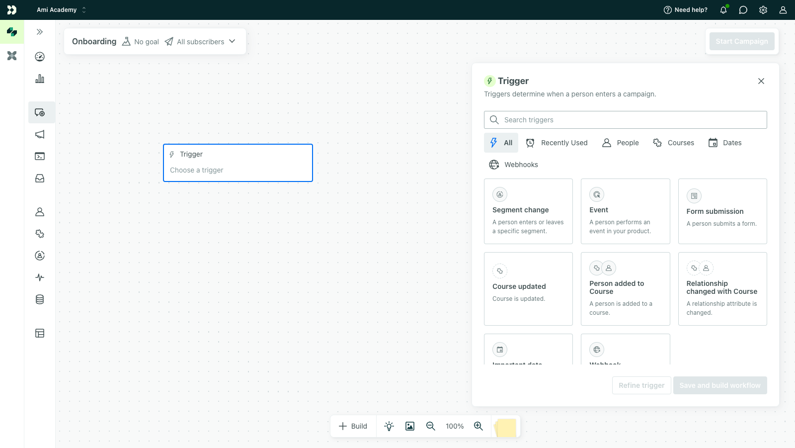 The campaign trigger has a left hand column with a list of trigger categories including All Triggers, People, Object Types indicated by their names, Dates, and Webhooks. All Triggers is selected and shows a list of People triggers: segment change, event, and form submission.