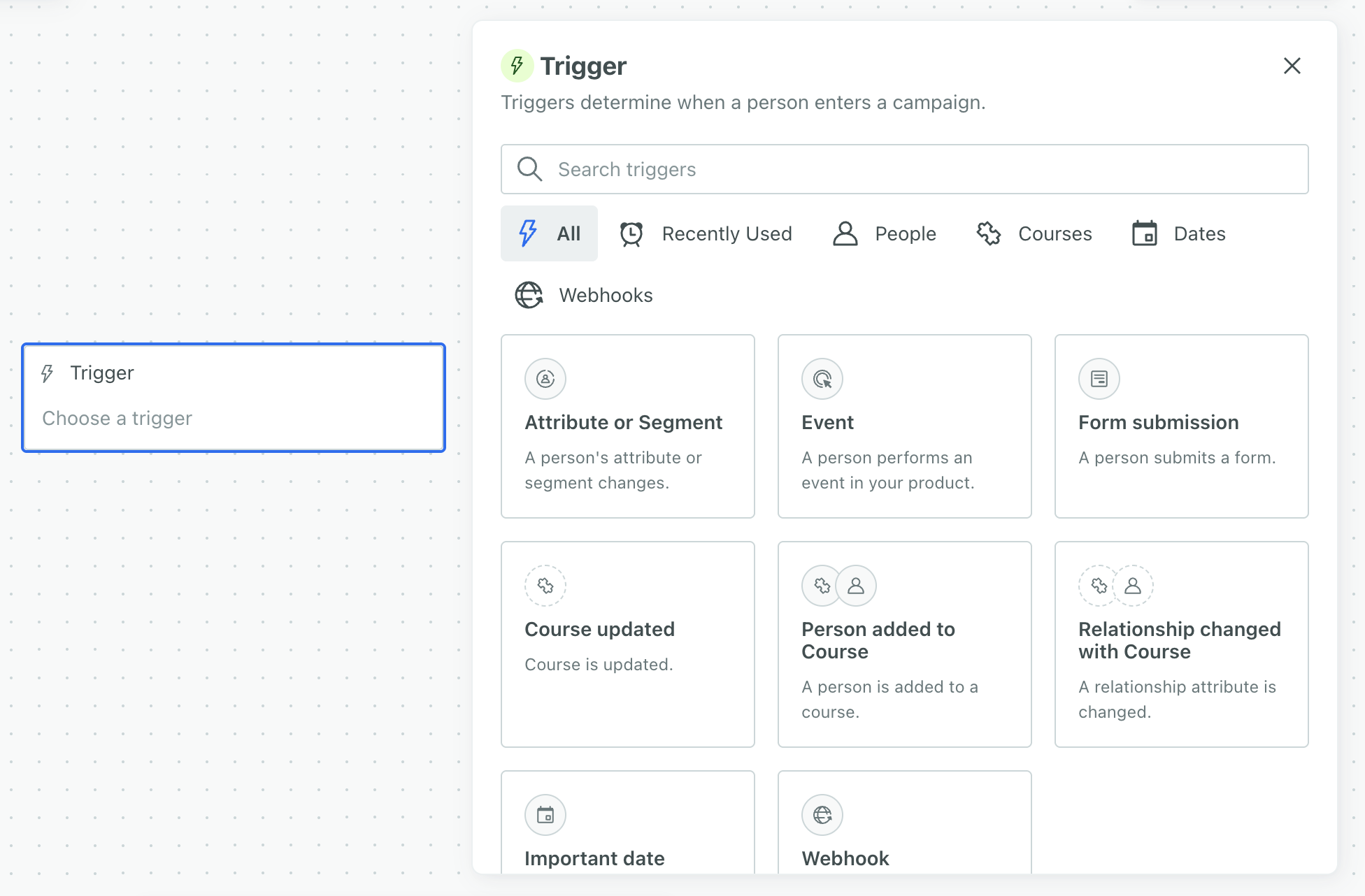 The campaign trigger has a left hand column with a list of trigger categories including All Triggers, People, Object Types indicated by their names, Dates, and Webhooks. All Triggers is selected and shows a list of People triggers: segment change, event, and form submission.
