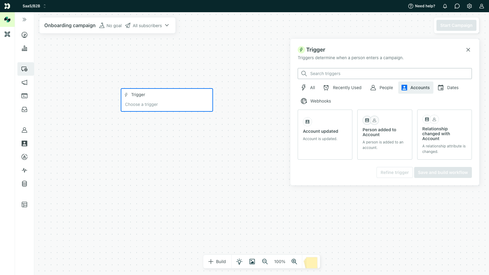 The new campaign trigger selection page where Companies, one of the object types in the workspace, is selected. There are three trigger options: Company updated, Person added, and Relationship changed.