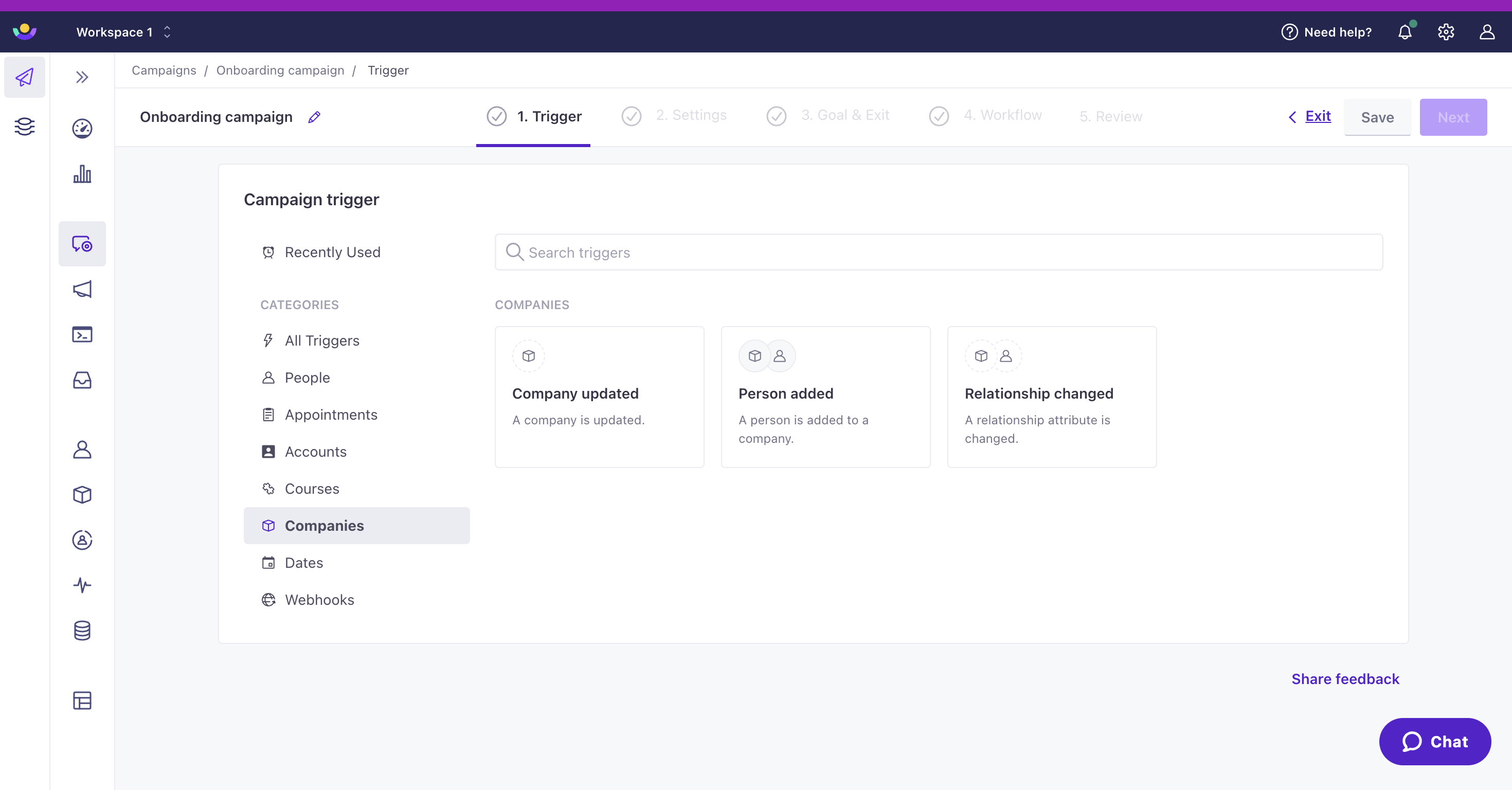 The object type Companies, one of the object types in the workspace, is selected. There are three trigger options: Company updated, Person added, and Relationship changed.