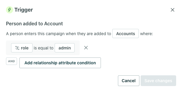 The trigger Person added was selected for the Account object type on the previous screen. This screen shows how to configure the trigger settings. The trigger summary reads, 'Trigger when a person is added to an account, and their relationship's role is equal to admin. Add the person that was added to the account. Add the person every time the conditions are met. People enter the campaign and move through the full campaign.'