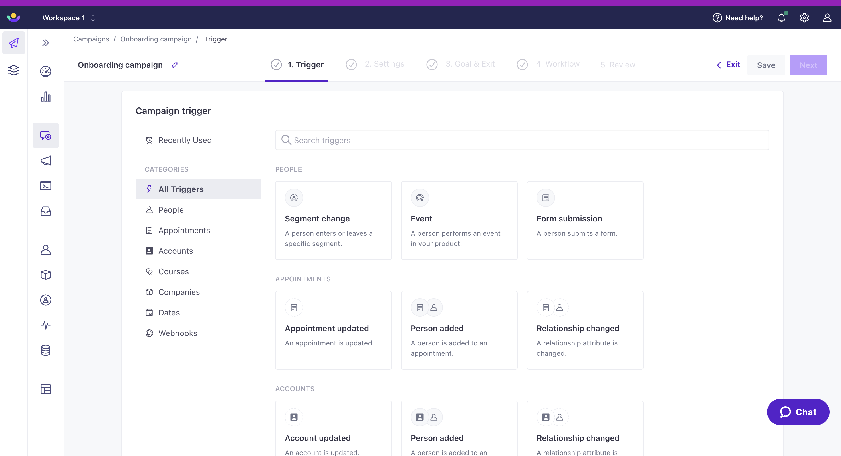 The campaign trigger has a left hand column with a list of trigger categories including All Triggers, People, Object Types indicated by their names, Dates, and Webhooks. All Triggers is selected and shows a list of People triggers: segment change, event, and form submission.