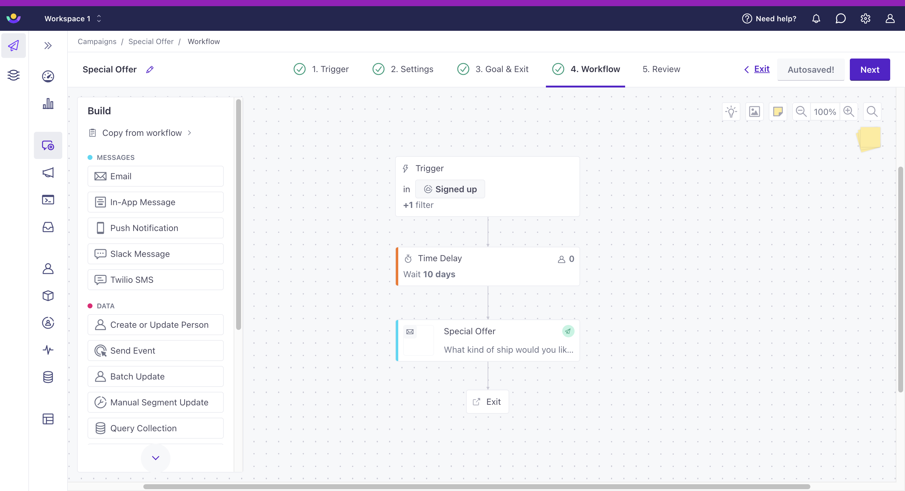 Within step 4 of a campaign, there is a workflow with two actions - the first is a 10 day delay followed by an email with a special offer.