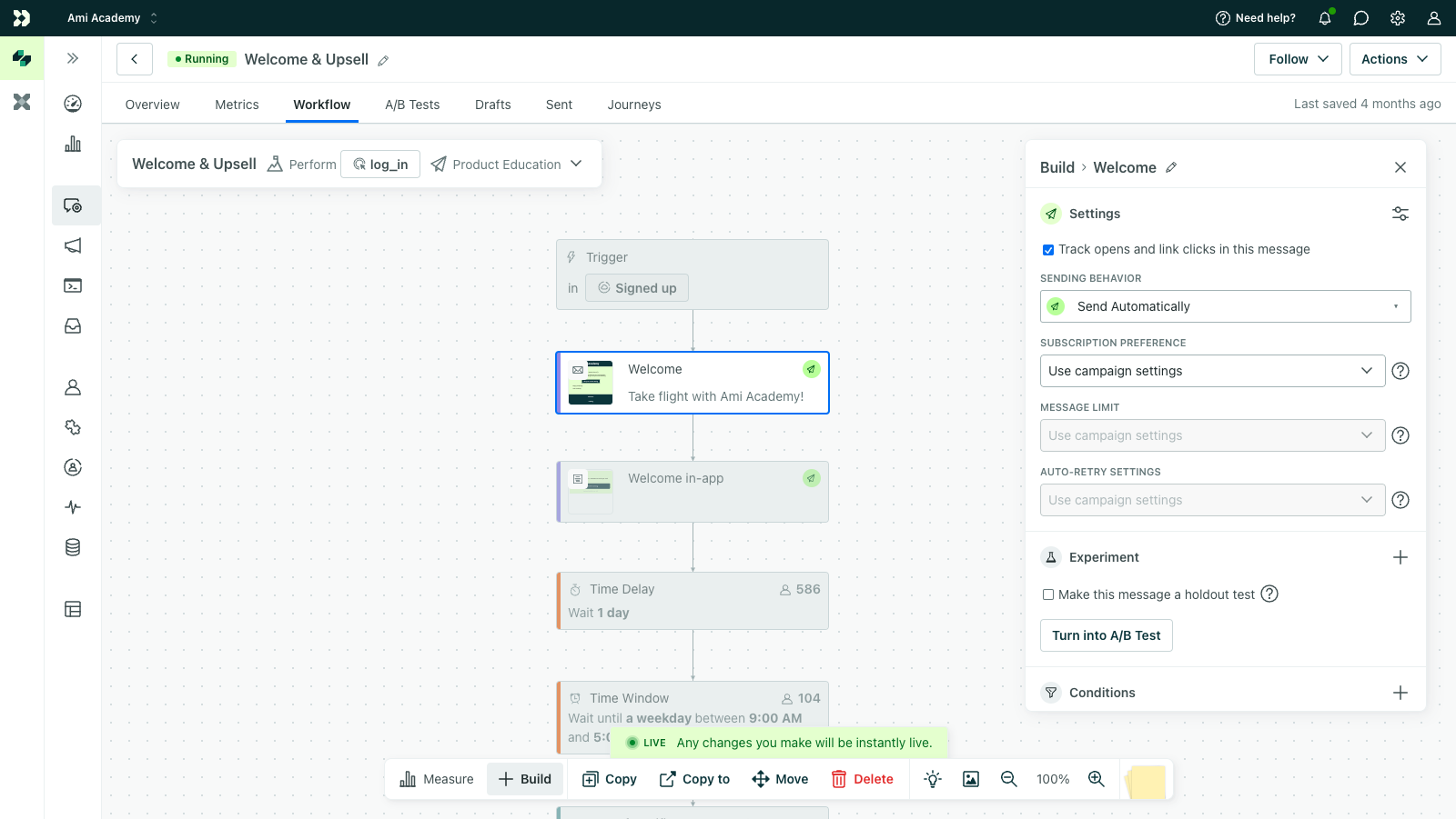 Select a message from the workflow canvas. A panel on the left contains a dropdown field for Sending to Unsubscribed.