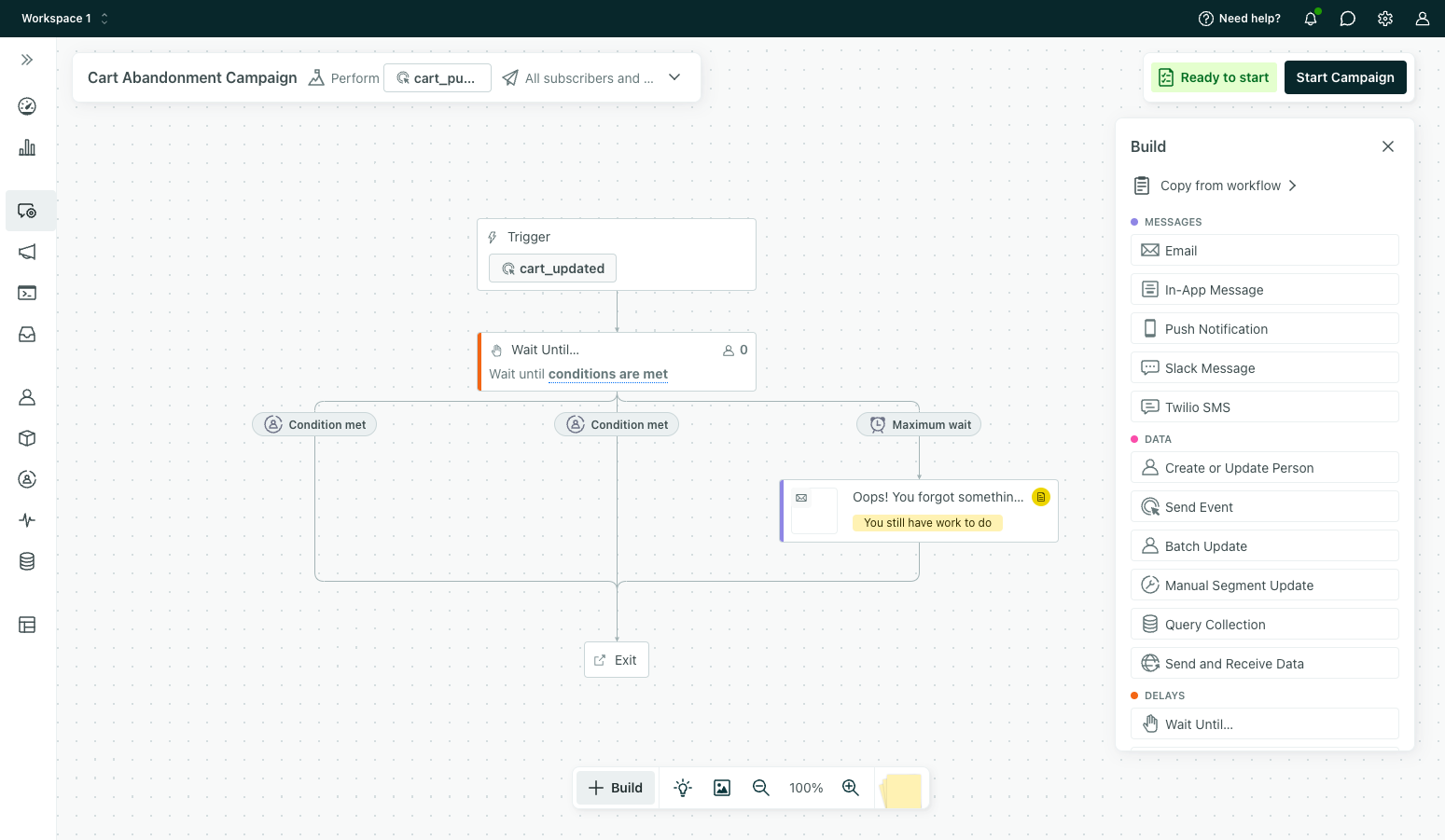 On the Workflow canvas, there is a Wait Until delay with three paths. There are two conditions and one path based on maximum time. Under maximum time is an email. The other conditions cause a person to exit.