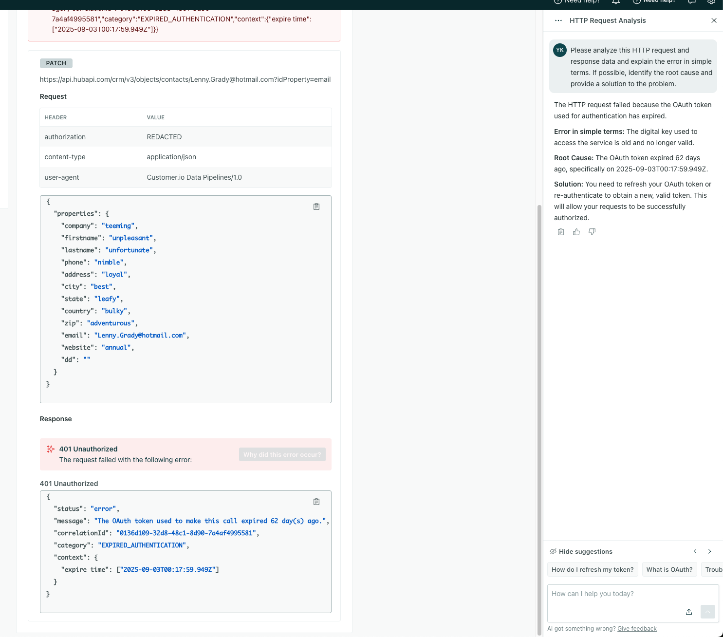 An error in the tester tab of a data out integration. The Assistant is shown helping the user troubleshoot the error.