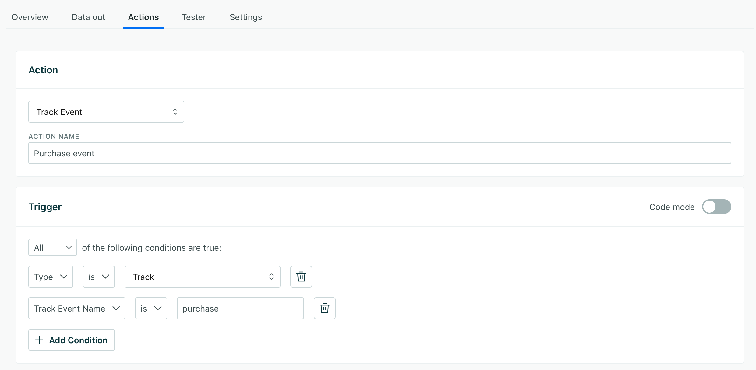 the trigger field set to standard view showing conditions for an event called purchase