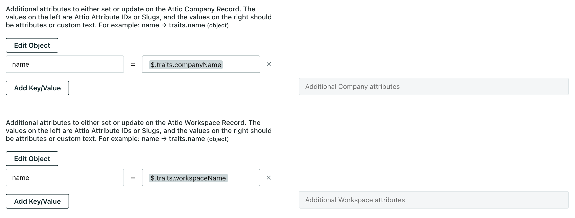 The customer.io Group Workspace screen showing the Attio attribute for company and workspace names.