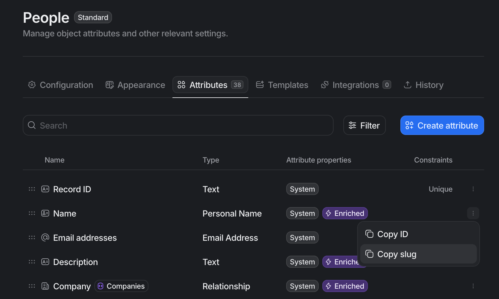 the attio people attributes screen