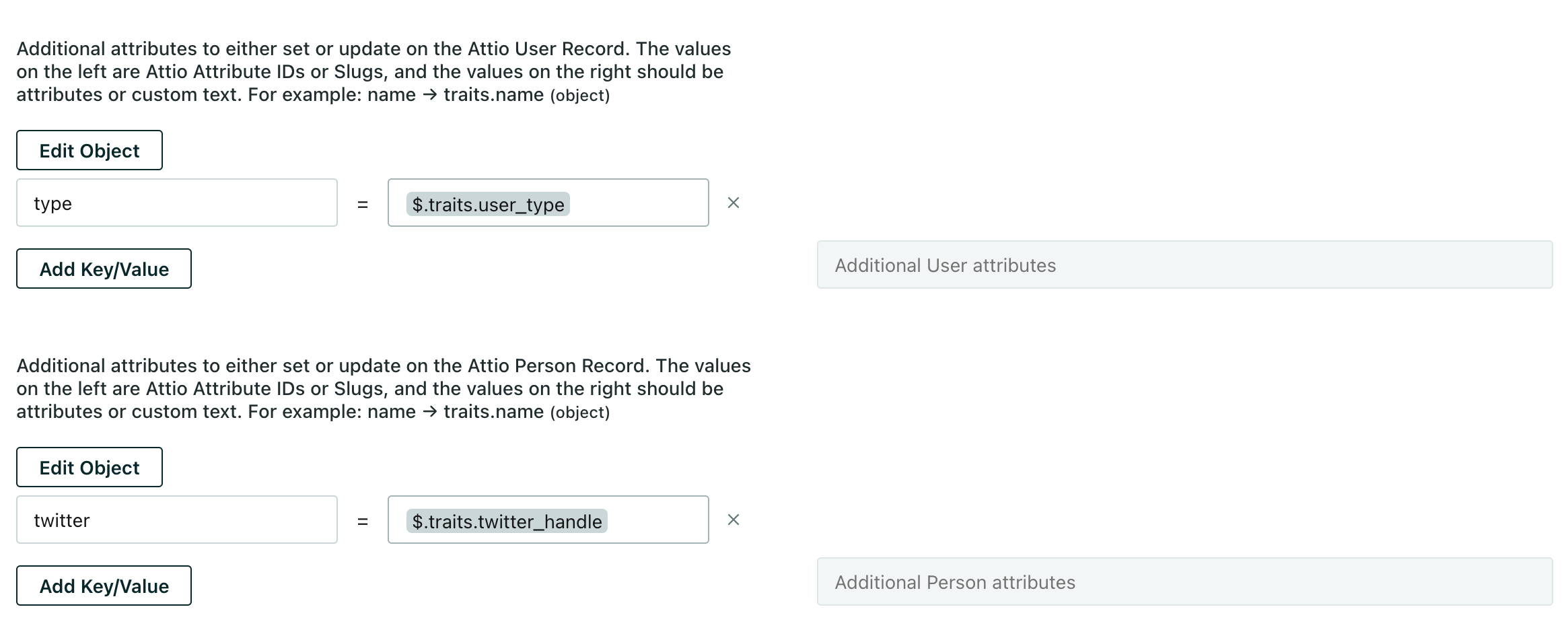 The customer.io Identify User action screen showing the Attio twitter attribute