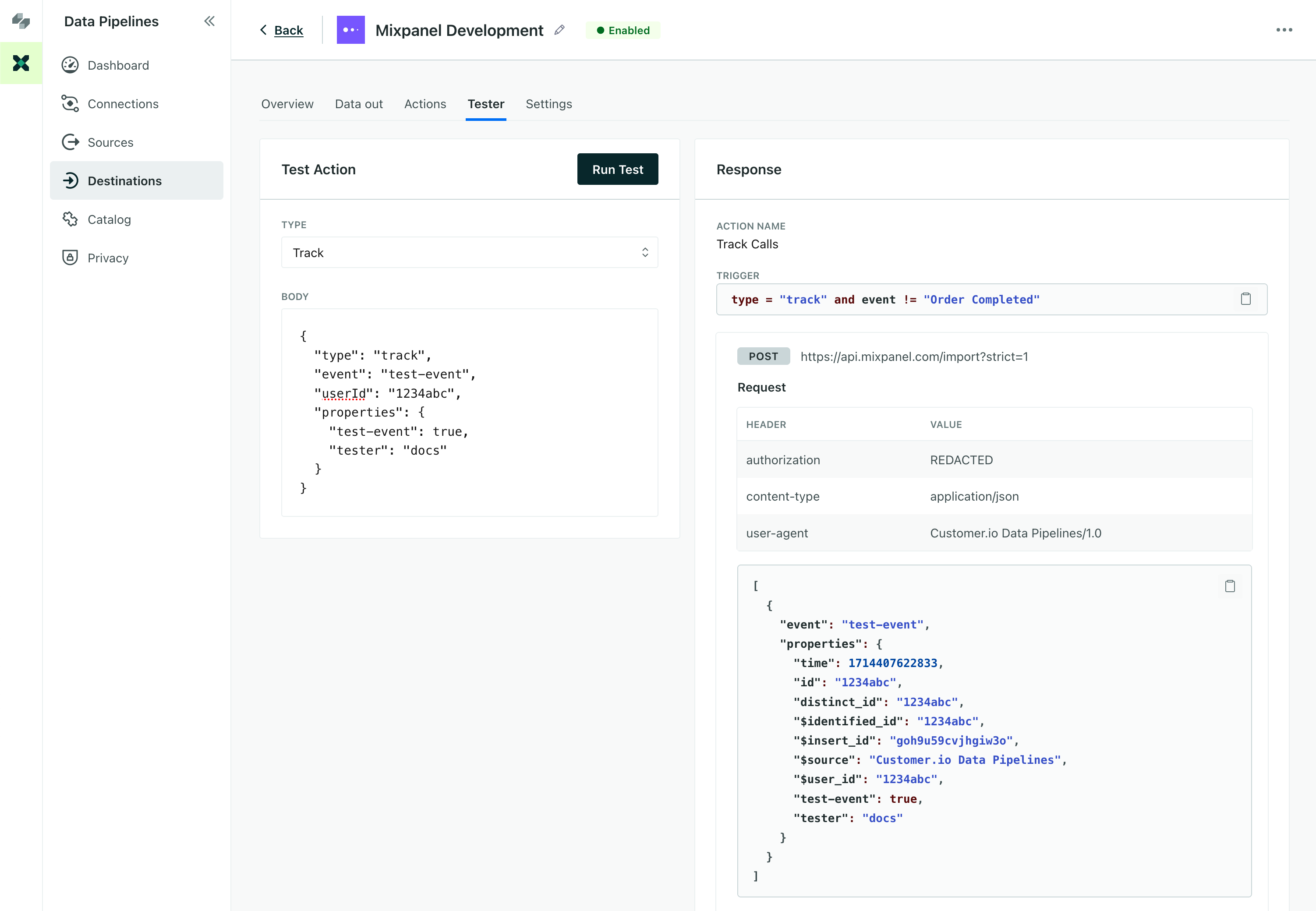 A destination test showing a successful call from a source to Mixpanel