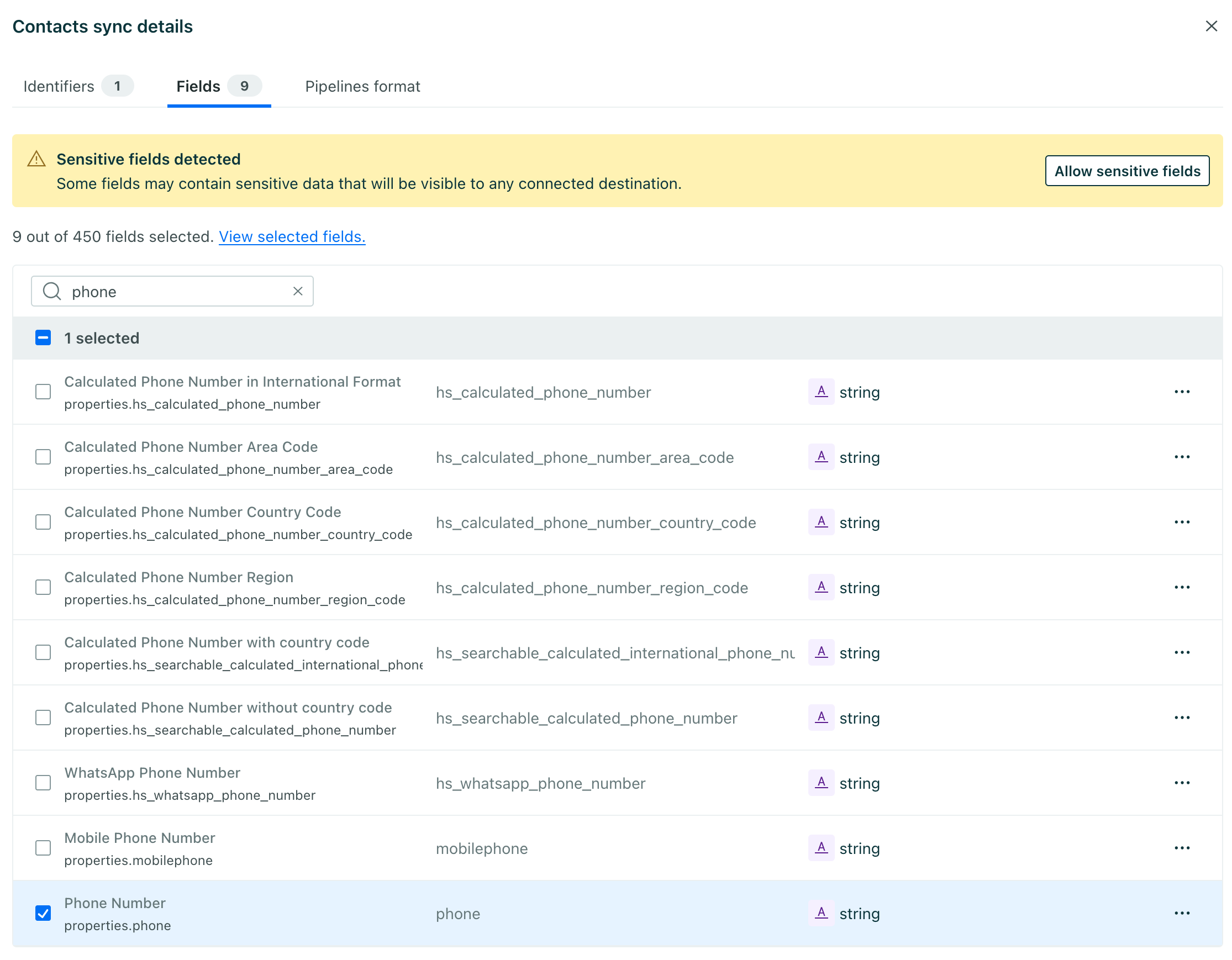 the sync fields page with the phone field selected