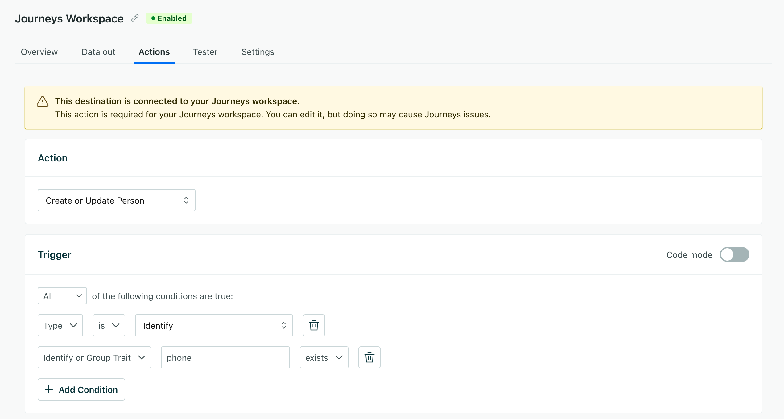 the identify action with a condition to filter out requests where the phone trait does not exist