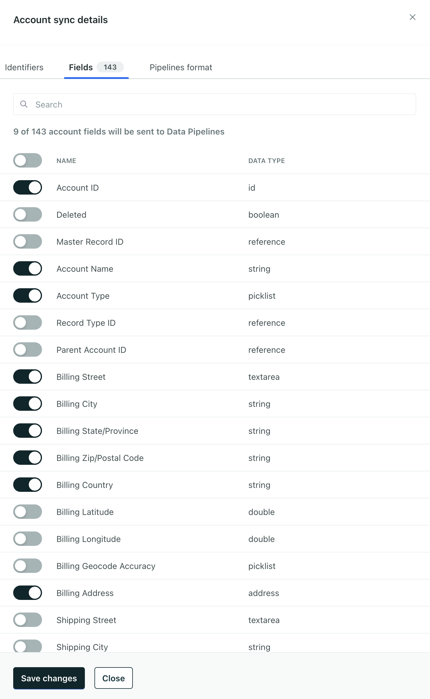 Select the fields you want to sync for accounts