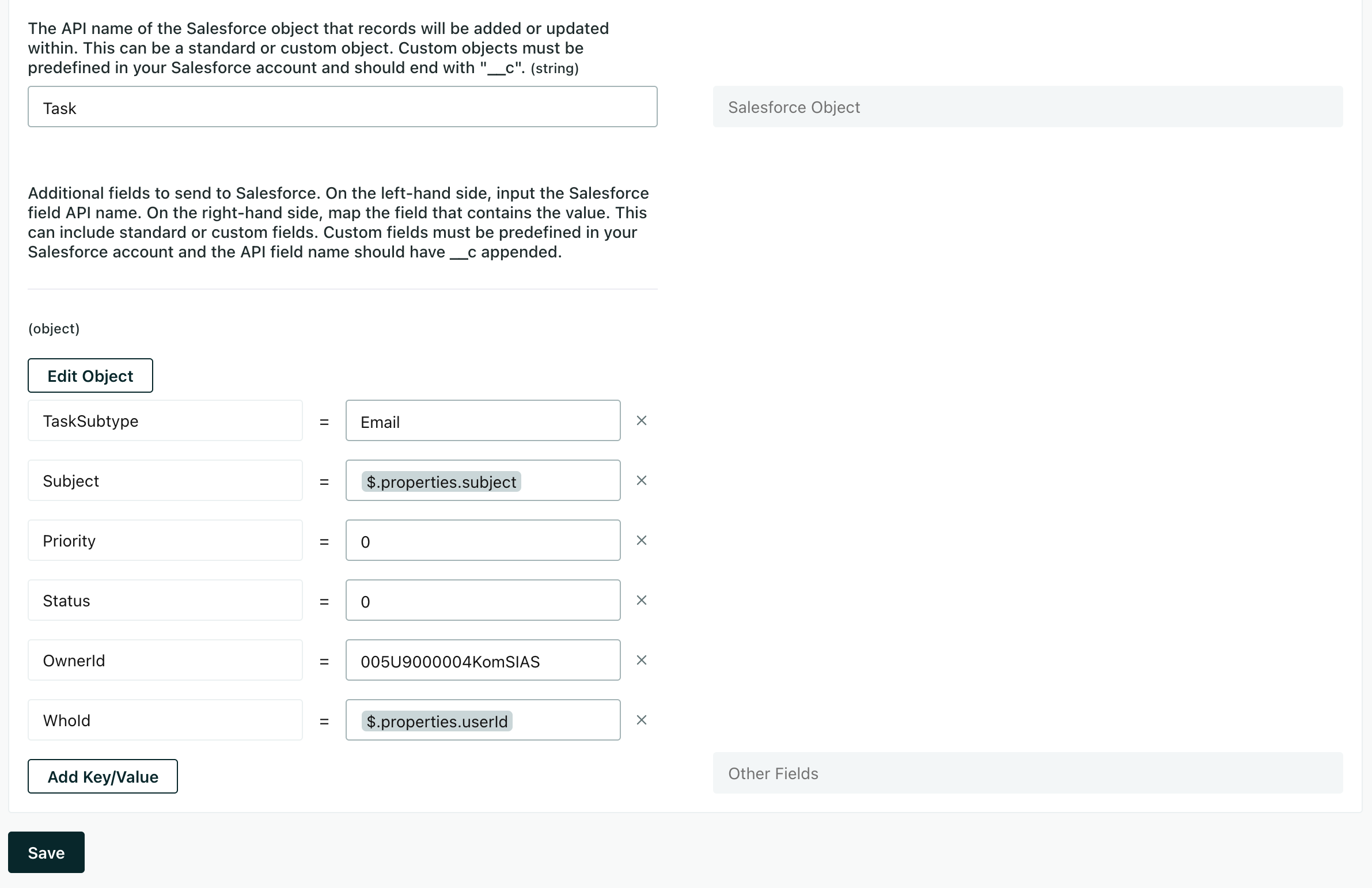 an email sent action showing the Salesforce Object set to Task and Other Fields populated.