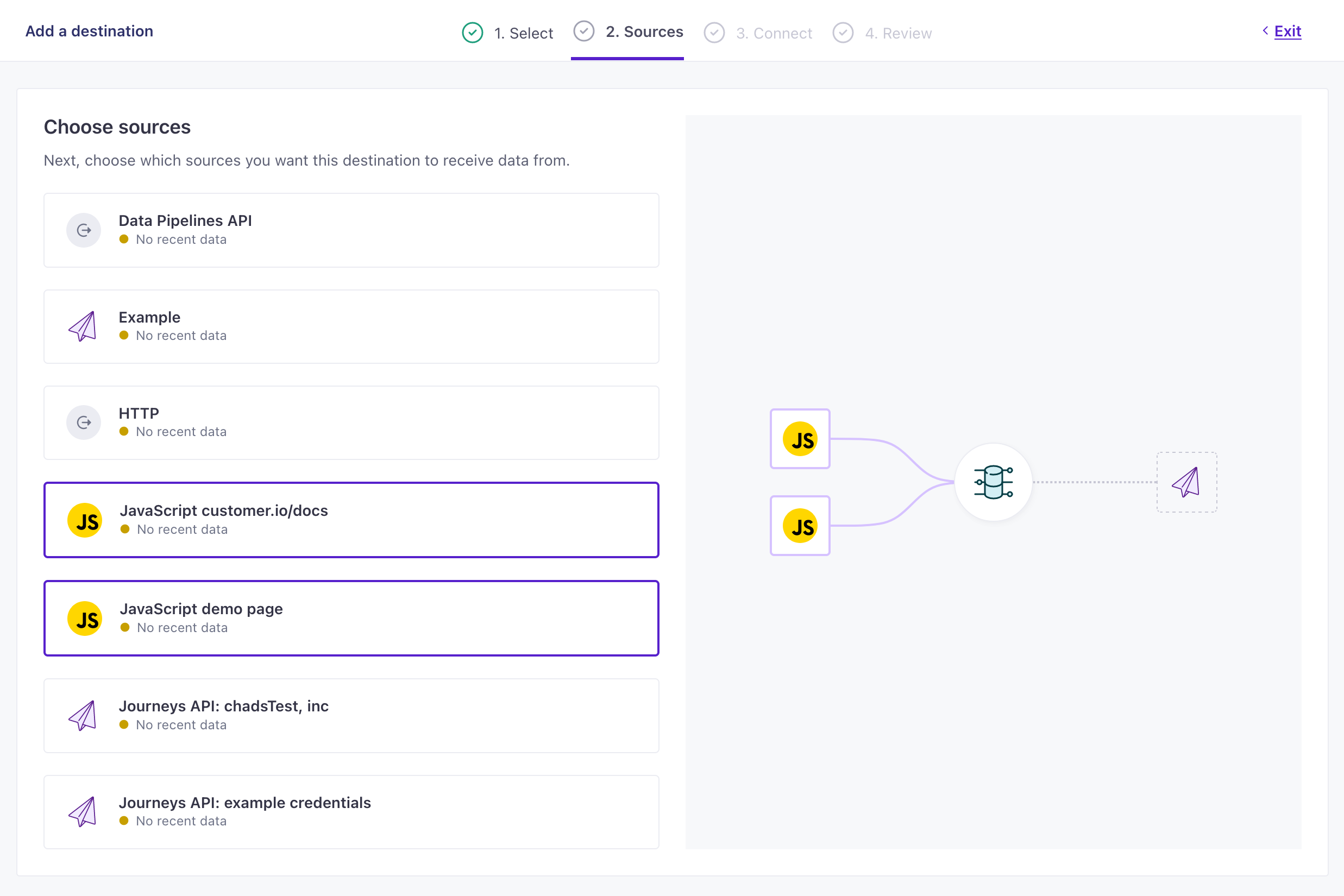 Select the sources you want to add to your destination