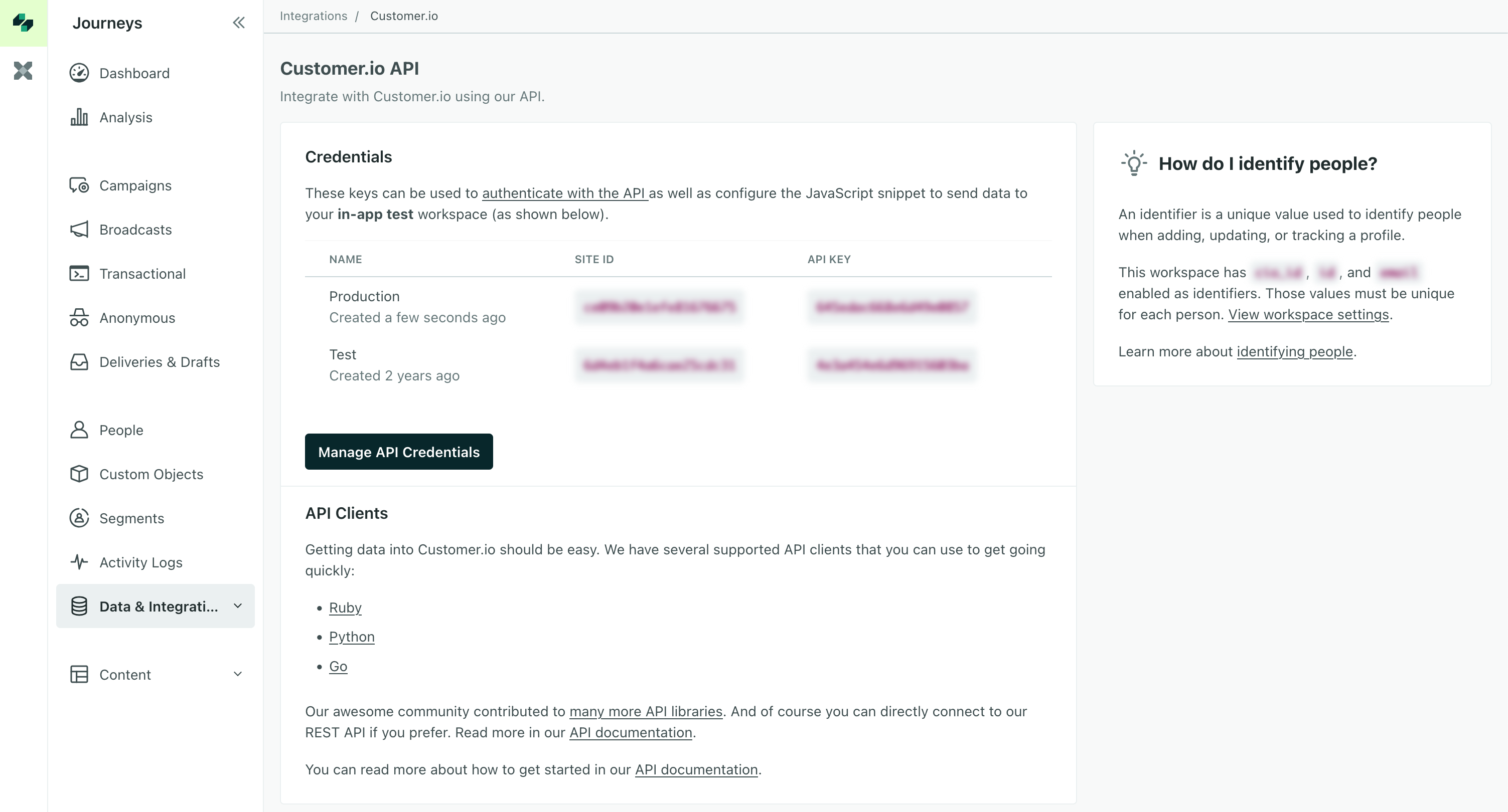 The Data and Integrations page showing Journeys Track API credentials