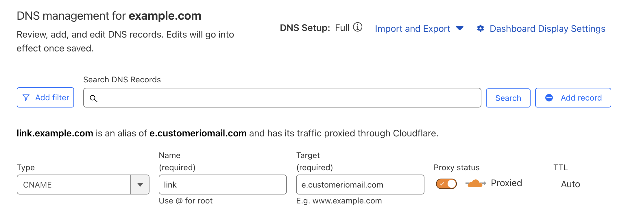 Copy your cname record from Customer.io to Cloudflare