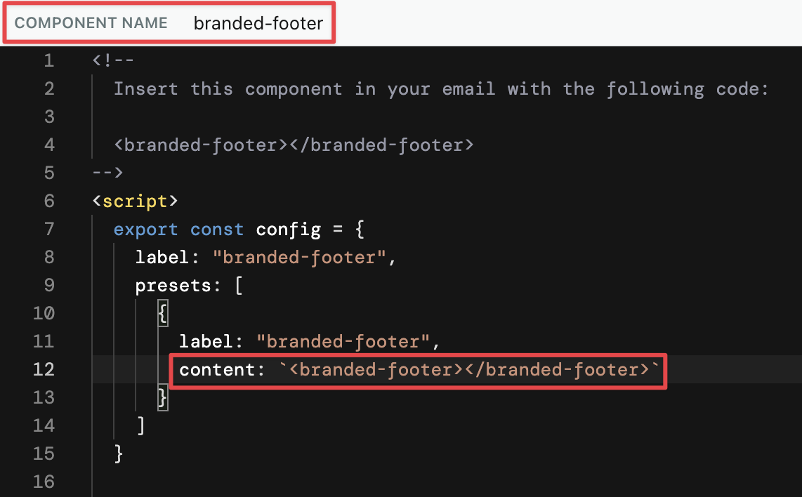 The component name at the top of the component editor is branded-footer and matches the tag names in the content field `<branded-footer>`.