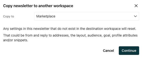 Modal for copying a newsletter to another workspace named Marketplace.