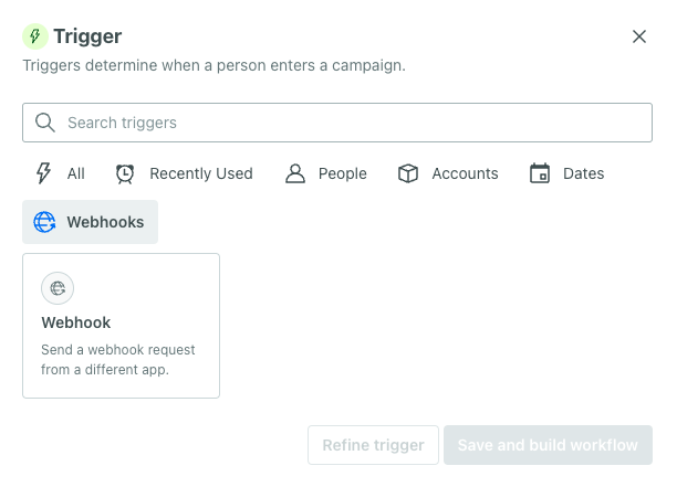 the webhook campaign trigger exposes a webhook URL