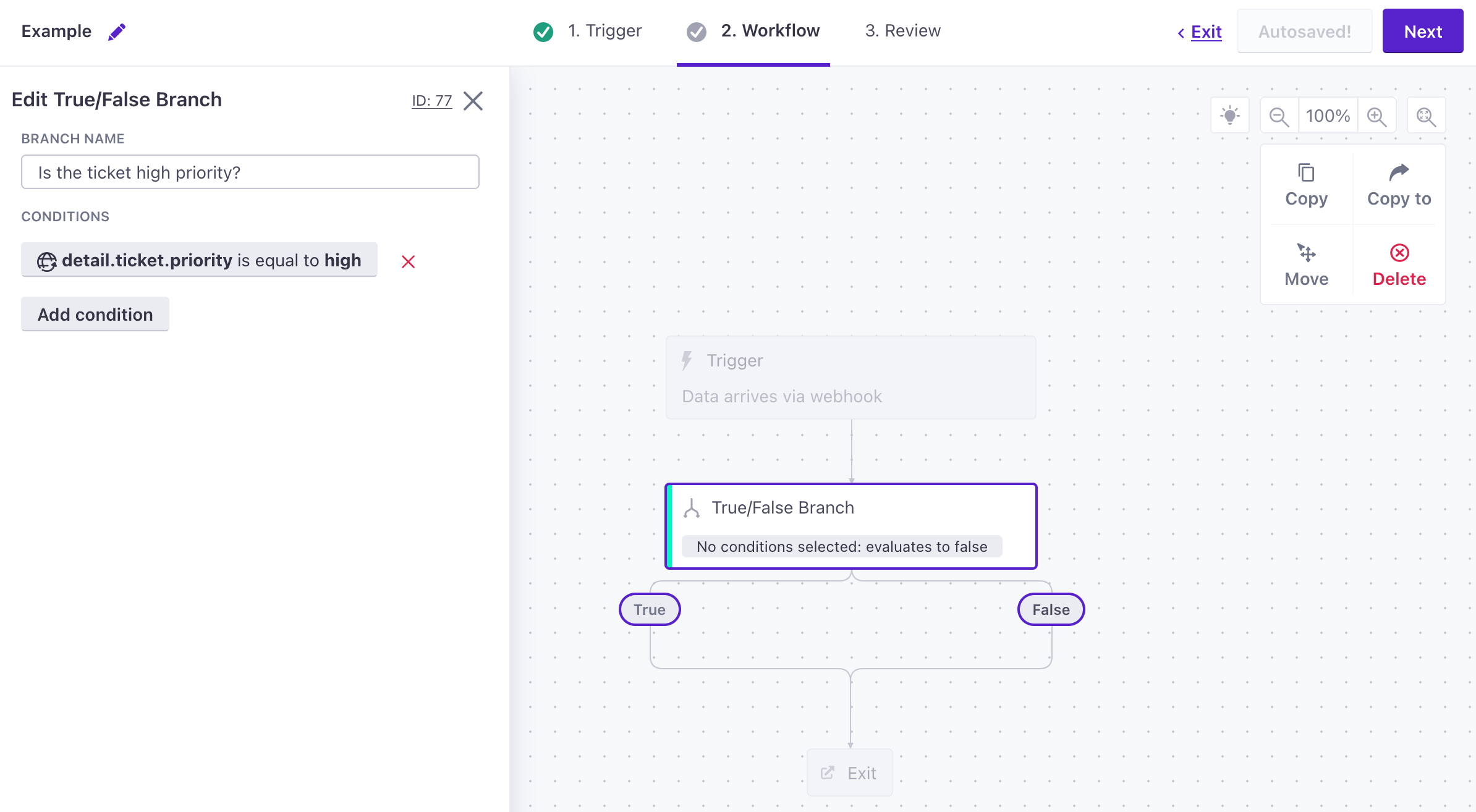 set up a true false branch to message your team depending on the priority of the incoming ticket event