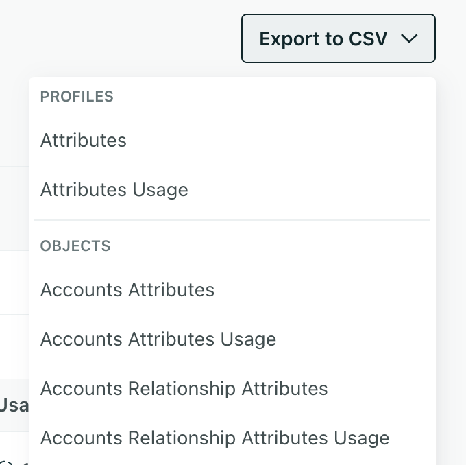 The export to CSV button shows a dropdown of options like Attributes and Attributes Usage.