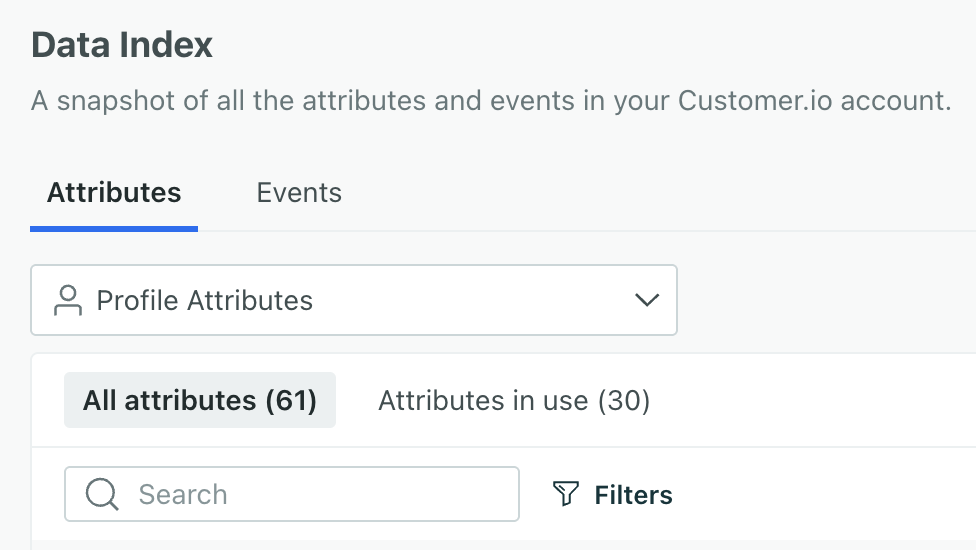 A closeup of the filters at the top of the Data Index. Attributes is selected as is the dropdown filter Profile Attributes.