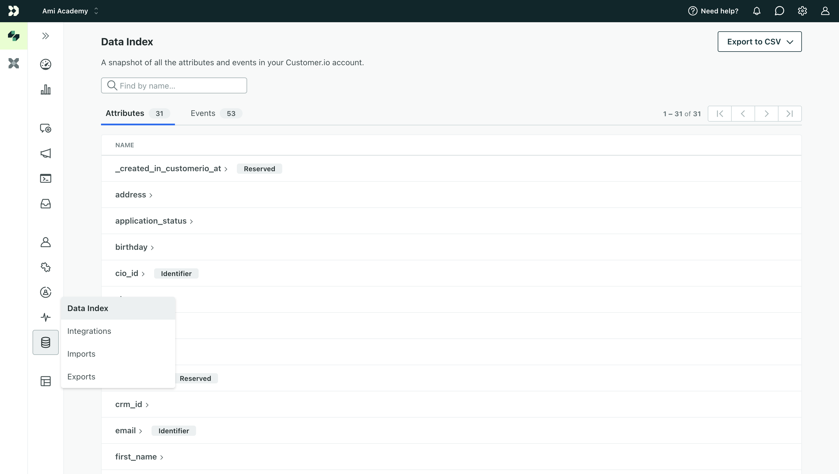 A page titled data index. There are two tabs in a table below the title. The first tab is selected and reads Attributes. There are a list of attributes like address and birthday listed. The second tab is Events.