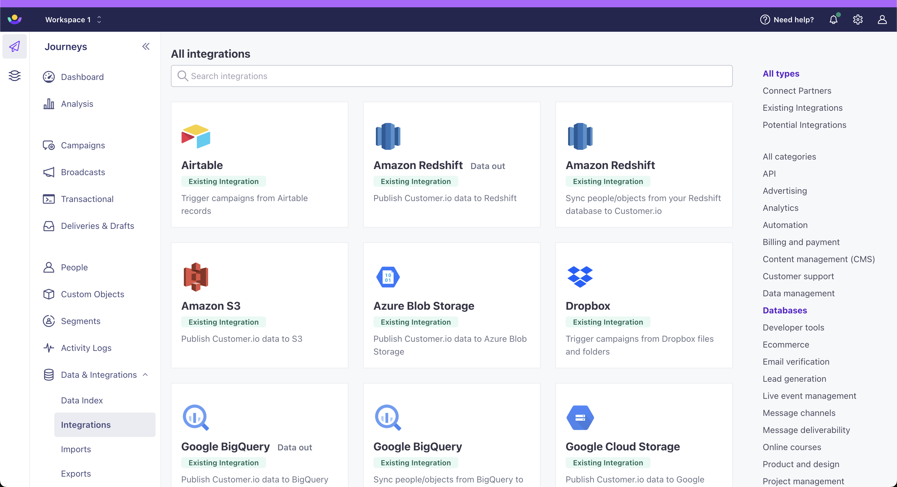 On the left hand side, the icon for Journeys, a paper plane, is selected. On the panel to the right of this, the icon for Data & Integrations, three stacked cylinders, is selected. The page Integrations is selected. On the right hand side, the filters All types and Databases are selected. In the middle of the screenshot is a page titled All integrations. There is a 3 x 3 grid view of database integrations like Amazon Redshift. If you were to scroll down, you'd see more options.