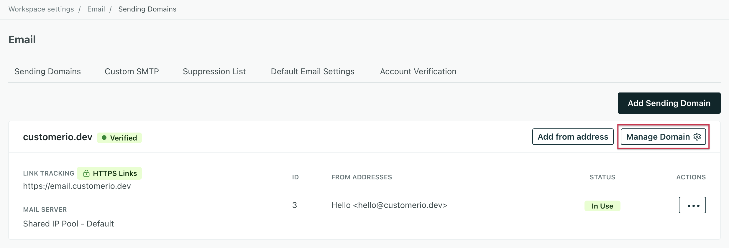 In email settings, the tab sending domains is selected. A domain is on the left. The button Manage Domain is on the right.