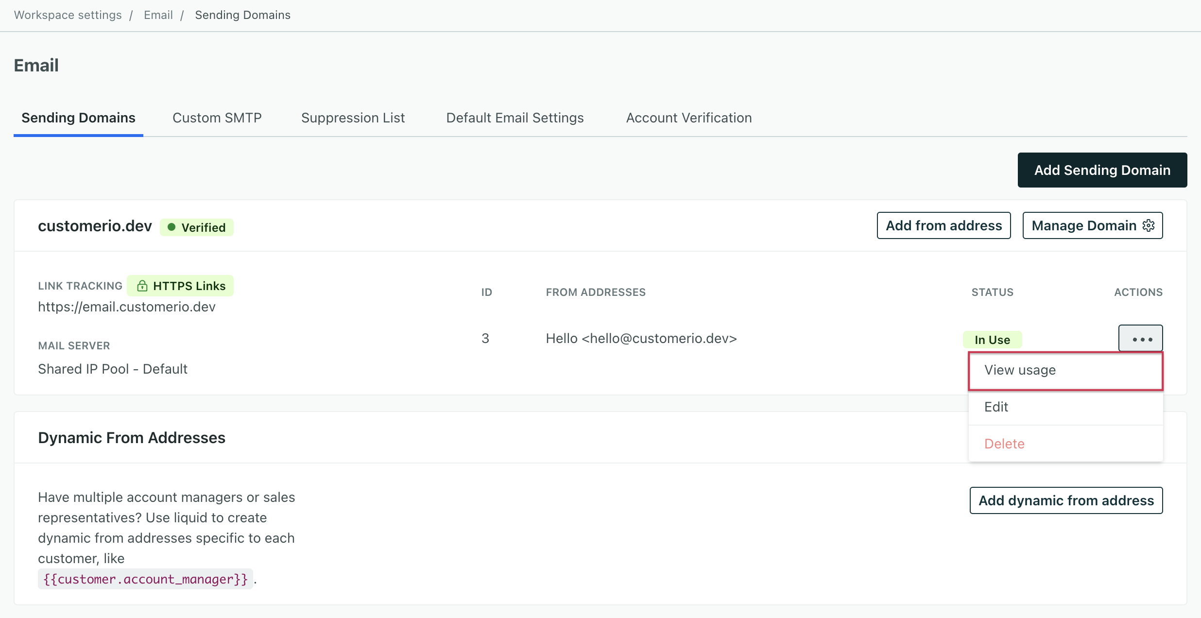 In email settings, the tab sending domains is selected. A domain is on the left. A from address is in the middle. The three dots are clicked to the right of the from address, and it shows a menu of three options: View usage, Edit, and Delete.
